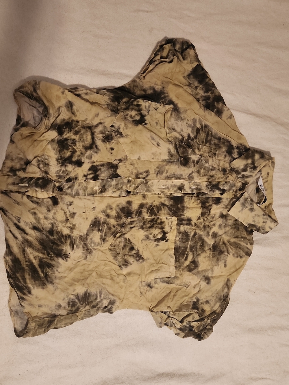Unisex Tie-Dye Short Sleeve Button-Up Shirt - Black and Beige